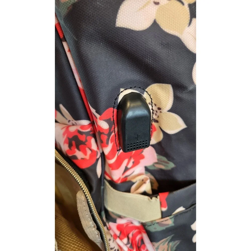 Black Floral Diaper Bag Backpack USB Opening RFID Travel Laptop Organizer Bag